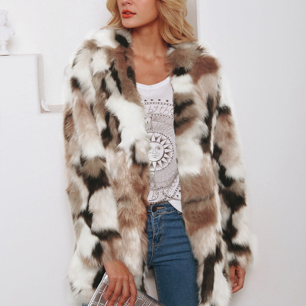 European And American Fashion Tailored Suit Collar Mixed Color Faux Fur Coat