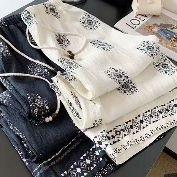 Retro Beaded Drawstring Women's Summer Cool Wide-leg Pants