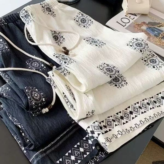 Retro Beaded Drawstring Women's Summer Cool Wide-leg Pants