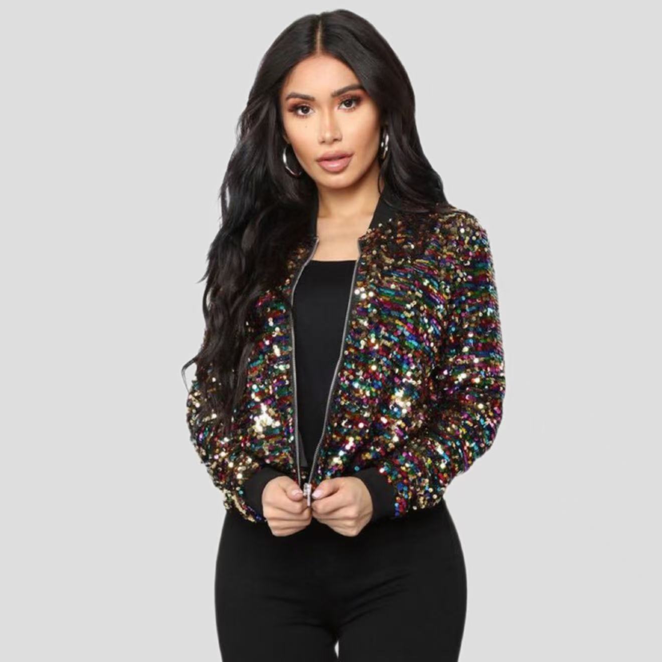 Women's Sequins Zipper Clothes Long Sleeve Cardigan Jacket - SD & CO.