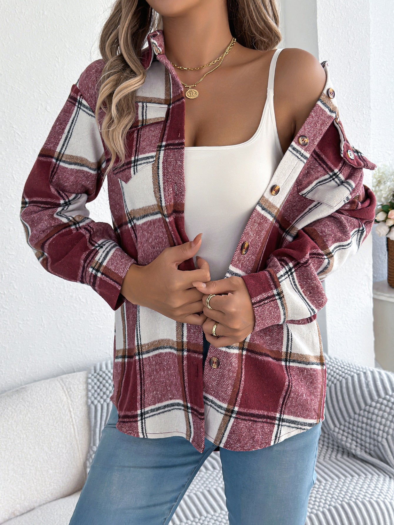Women's Casual Plaid Woolen Mid-length Coat