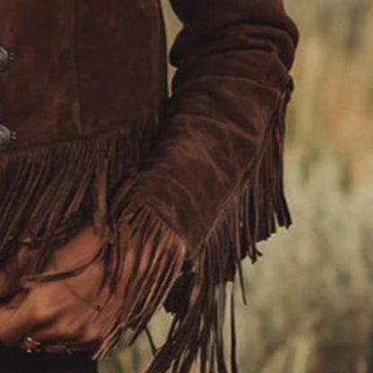 Women's Solid Color Fringe Suede-Look Jacket, Western Style Long Sleeve Button Front Coat For Fall & Winter - SD & CO.