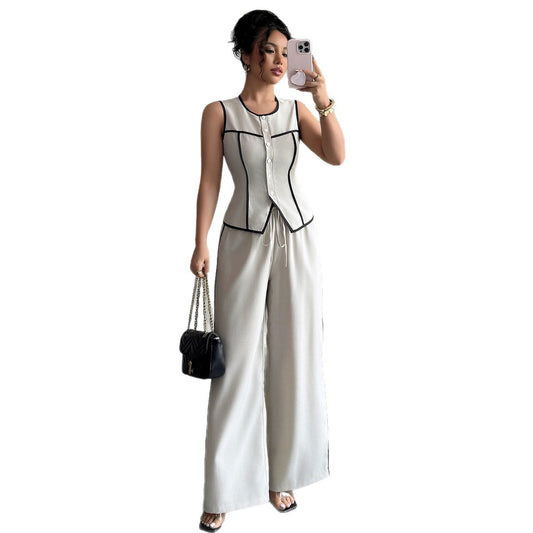 Casual Elegant Button Vest Wide Leg Pants Two-Piece Set Women