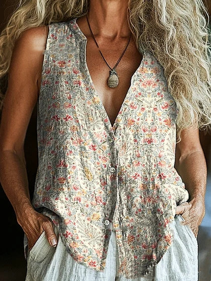 Spring New Trendy Button Vest Vintage Floral V-neck Shirt