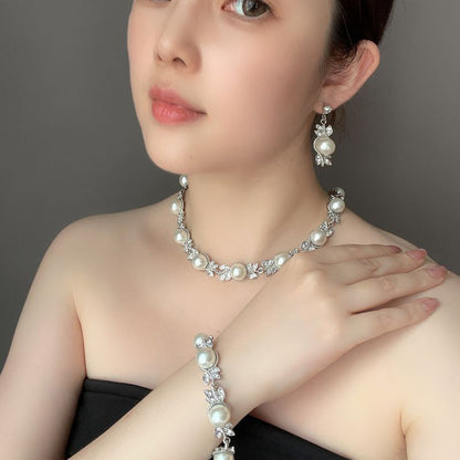 Simple And Elegant Three-piece Set Rhinestone And Pearl Necklace Earrings And Bracelet