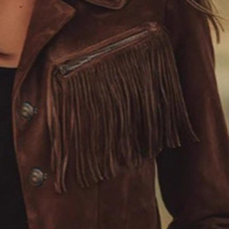 Women's Solid Color Fringe Suede-Look Jacket, Western Style Long Sleeve Button Front Coat For Fall & Winter - SD & CO.