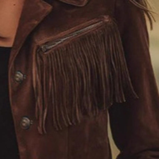Women's Solid Color Fringe Suede-Look Jacket, Western Style Long Sleeve Button Front Coat For Fall & Winter - SD & CO.