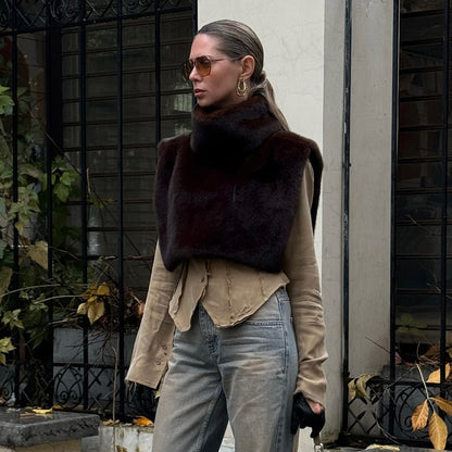 New Solid Color Half Turtleneck Sleeveless Fur Vest For Women