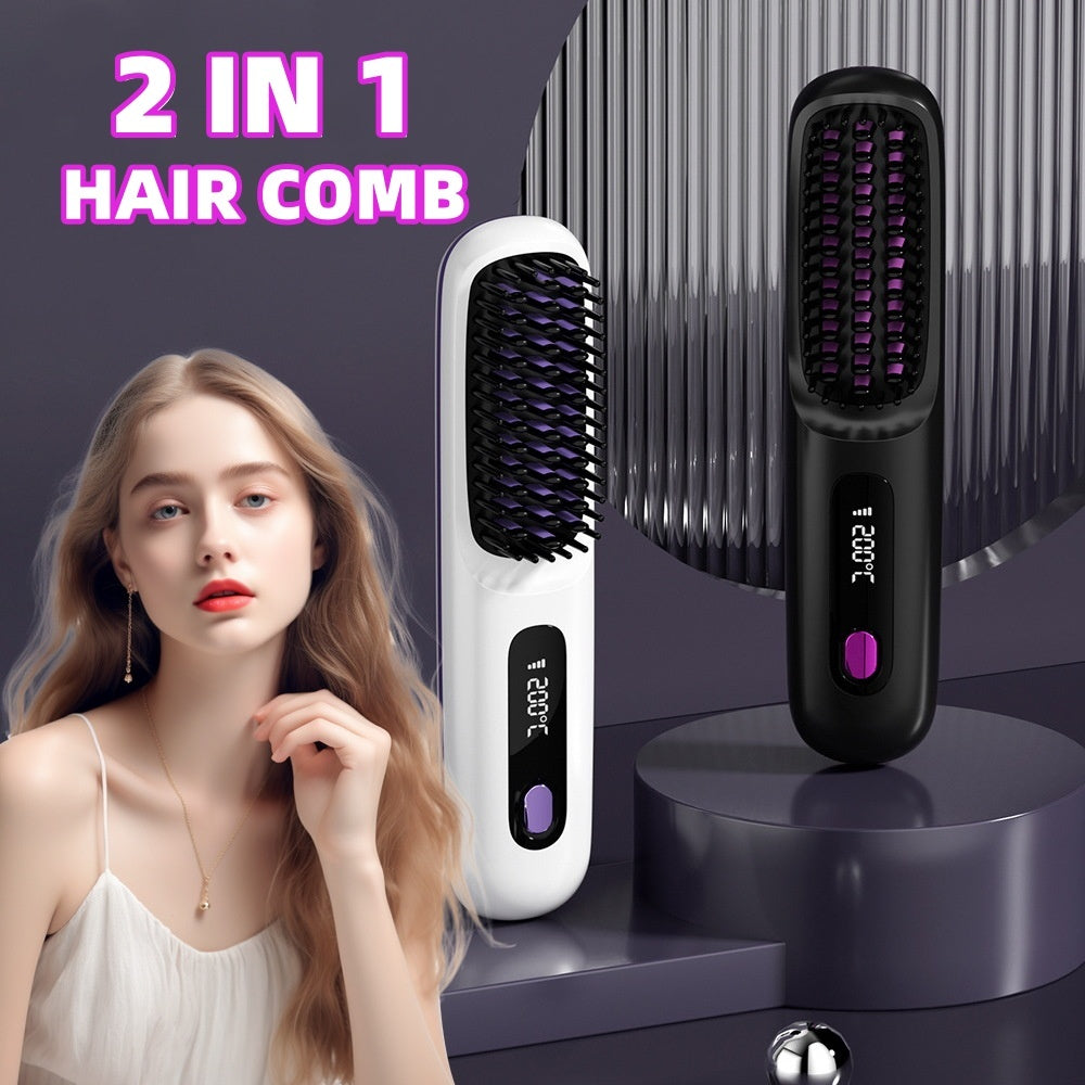 2 In 1 Straight Hair Comb Wireless Hair Straightener Brush Hair Fast Heating Portable Hot Curler USB Charging - SD & CO.