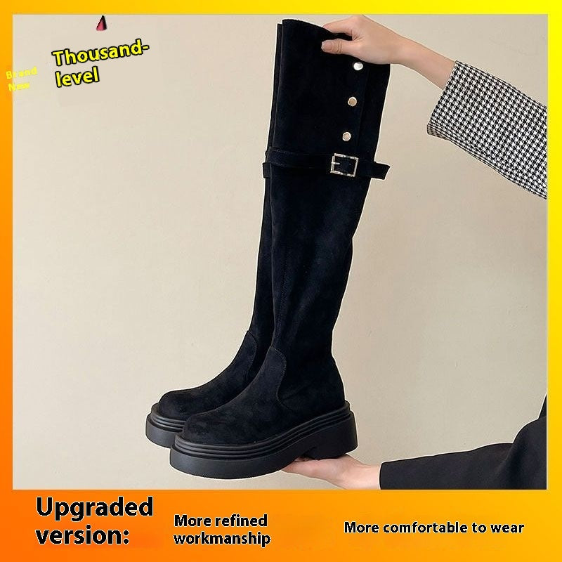 Over-the-knee Folding Long Tube Two-way Wear Boots With Chunky Heels Women's Thick Bottom