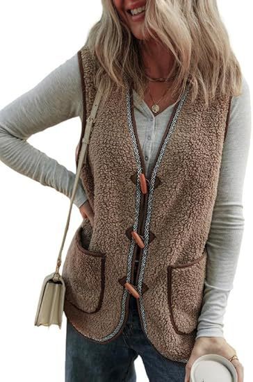 Women's Casual Contrast Color Sleeveless Cardigan Outerwear Plush Vest