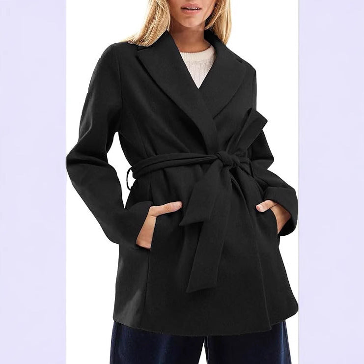 Women's Fashion Belt Notched Lapel Pea Coat