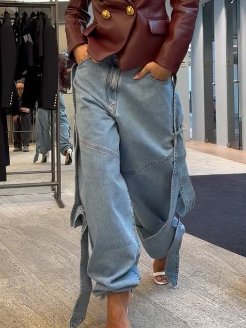 Light Blue Denim Wide-Leg Pants With Dramatic Flap Details And Oversized Fit