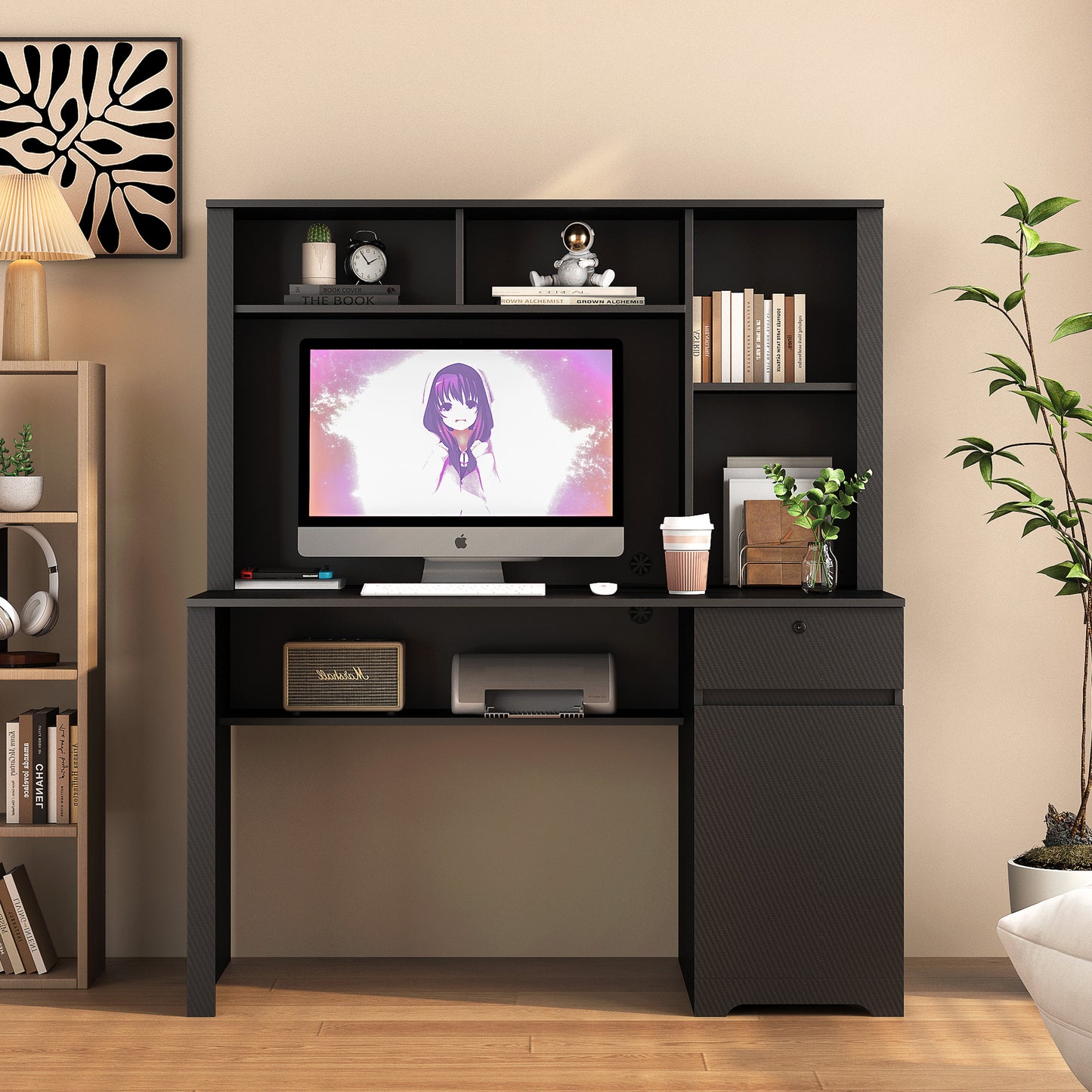 Computer Desk With Hutch & Bookshelf,Wood Executive Desk Teens Student Desk Writing Laptop Home Office Desk With Drawers,3 AC Outlets And 2 USB Charging Ports,Study Laptop Table For Home