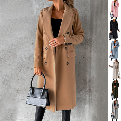 Double Breasted Lapel Coat Winter Fashion Solid Slim Long Jacket Long Sleeve Tops Womens Clothing - SD & CO.
