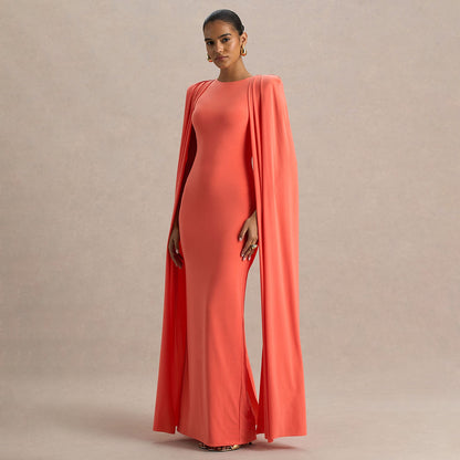Solid Color Round-neck Pleated Shawl Slim Dress