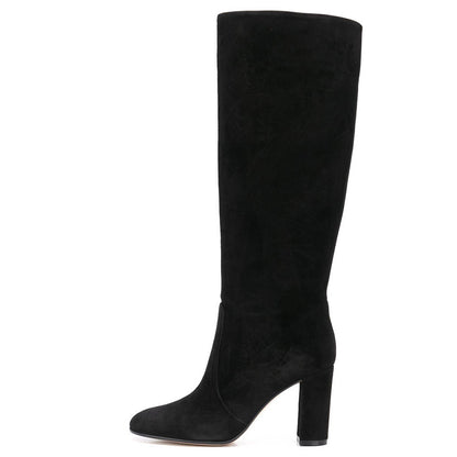 Suede Pleated High Heel Thick Heel Pointed Sleeve Boots