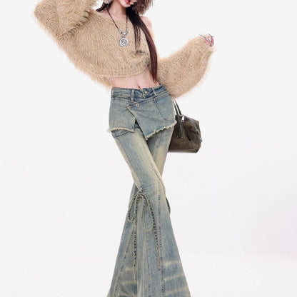 American Retro Layered Party Jeans For Women, Distressed Wash