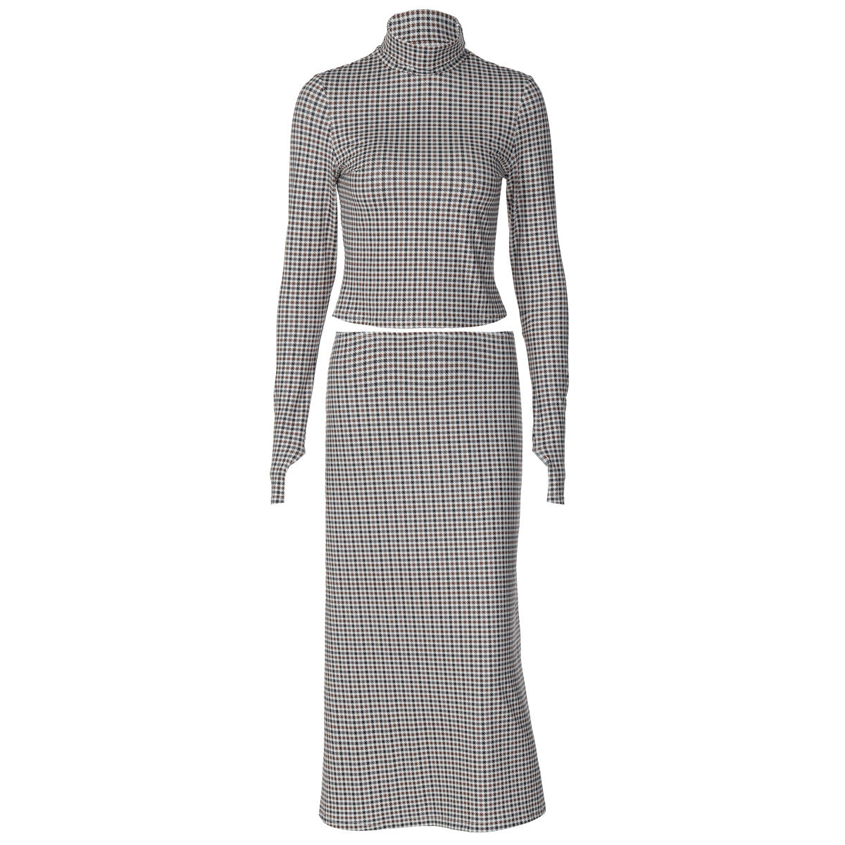 Fashion Plaid Print Long-sleeve Stand Collar Top Slim Fit Versatile Long Skirt Set