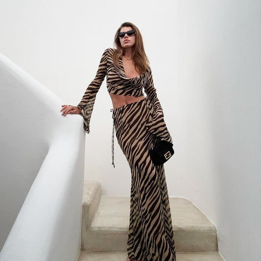 Off The Shoulder Mesh Bell Sleeve Top Set