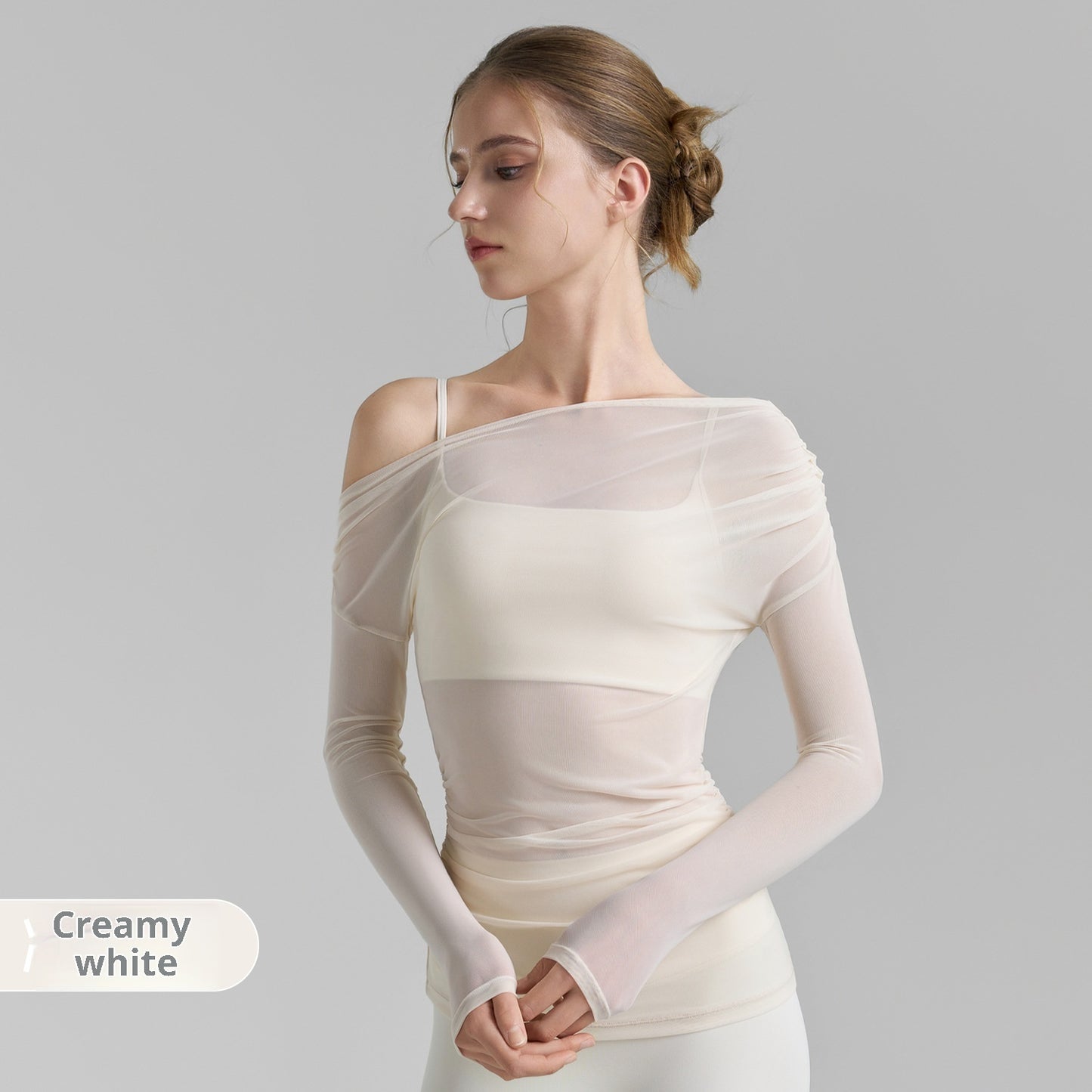 Oblique Shoulder Mesh Yoga Shirt Pleated Sports Top