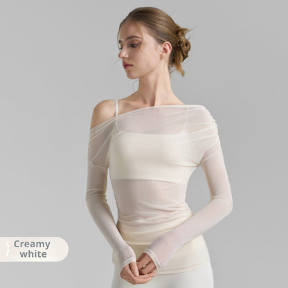 Oblique Shoulder Mesh Yoga Shirt Pleated Sports Top