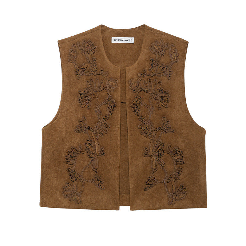 European And American Style Women's Fashion Casual Embroidery Suede Vest Jacket