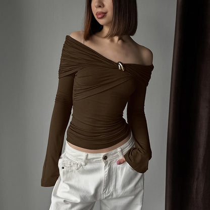 American-style Spicy Girl Design Off-shoulder Irregular Long-sleeve Tight Top