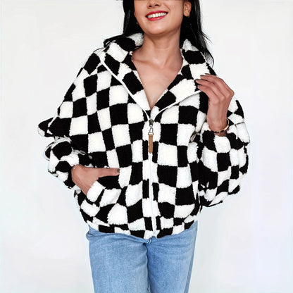 Women's Plush Long Sleeve Plaid Zipper With Pockets Baggy Coat