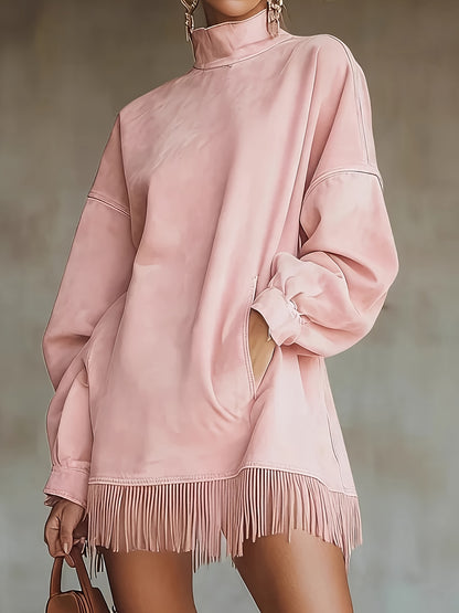 Loose Pocket Tassel Long-Sleeve Suede Dress