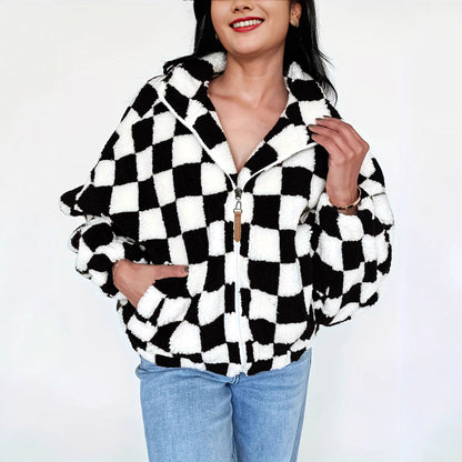 Women's Plush Long Sleeve Plaid Zipper With Pockets Baggy Coat