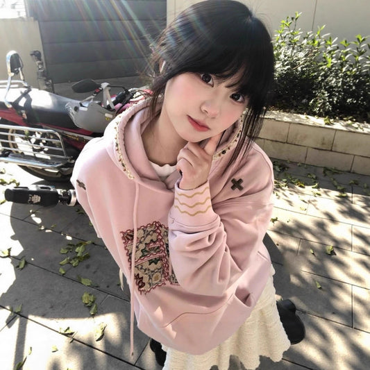 American Retro Patch Embroidery Hooded Sweatshirt Women