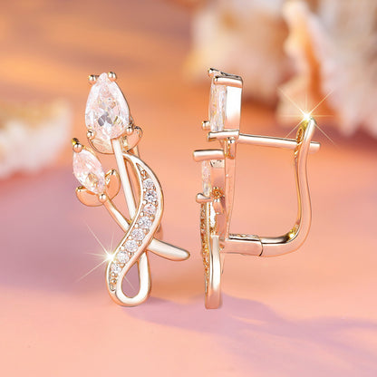 Luxury Flower Bouquet Champagne Tulip Full Diamond Earrings