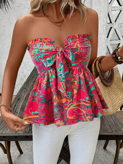 Strapless Cinched Waist Ruffle Hem Floral Printed Vacation Top