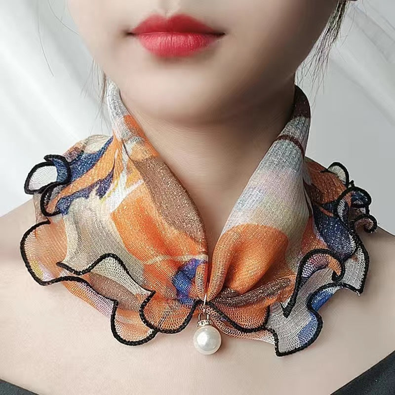 Printed Cute Decorative Scarf Lace Thin Pendant Small Silk Scarf