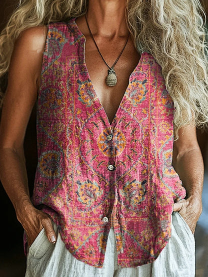 Spring New Trendy Button Vest Vintage Floral V-neck Shirt