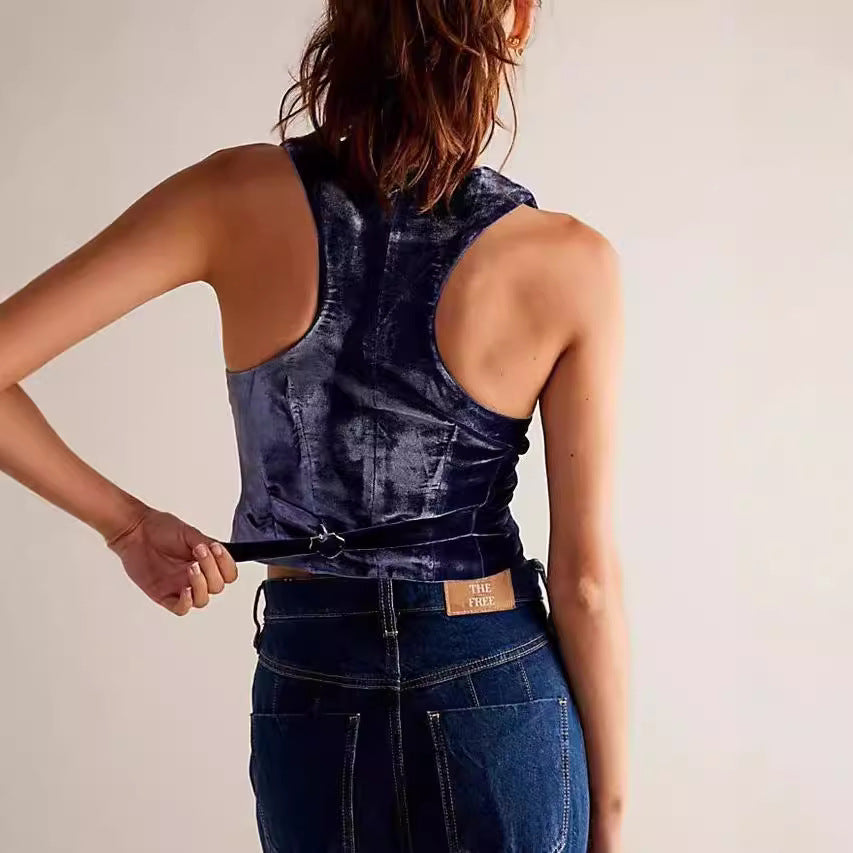 Spring New Retro Black V-neck Sleeveless Top For Women