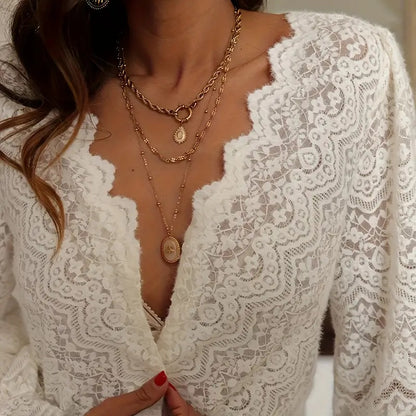 Women's Solid Color Lace Trim Blouse, V-Neck Button-Down Shirt With Elegant Detail For Professional Wear