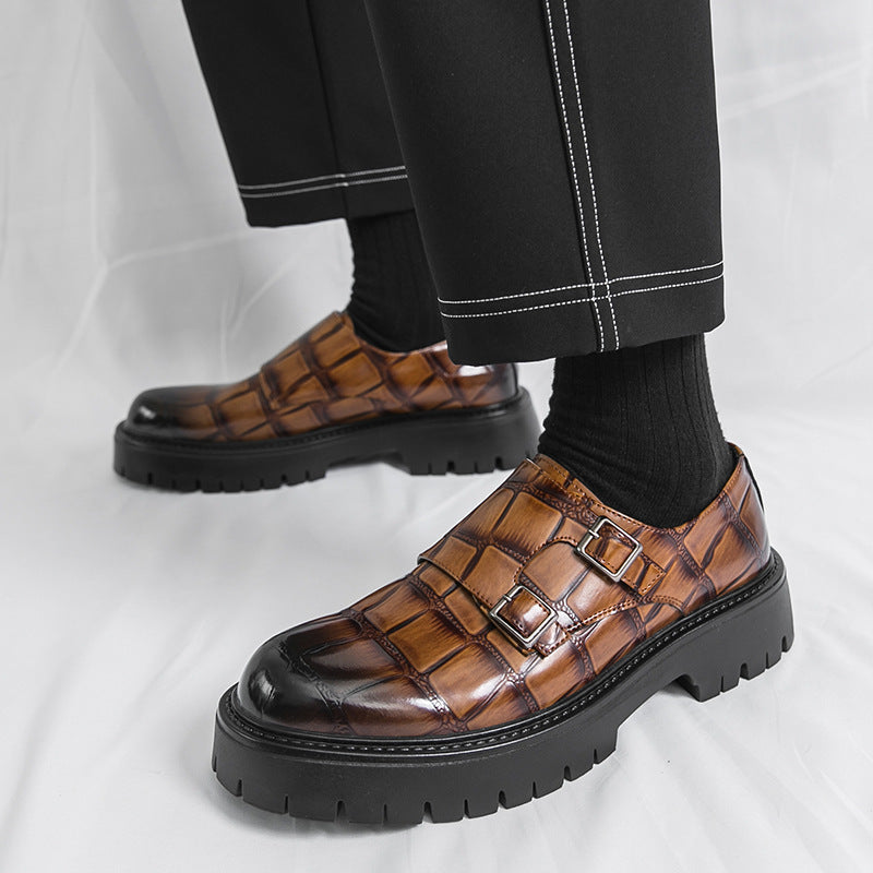 Men's Thick Bottom Horsebit Buckle Slip On Loafers Big Head Leather Shoes