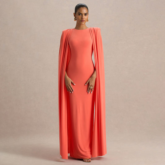 Solid Color Round-neck Pleated Shawl Slim Dress