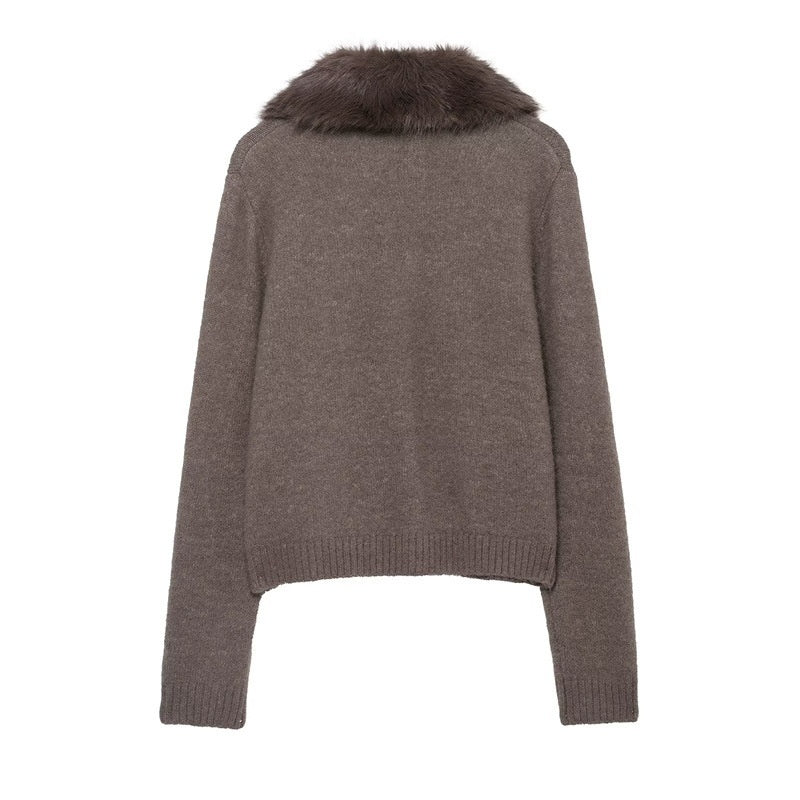 Cardigan with Faux Fur Effect Lapel Knitted Coat Women