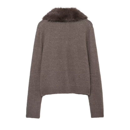 Cardigan with Faux Fur Effect Lapel Knitted Coat Women