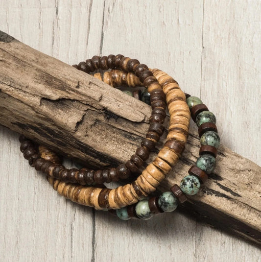 Retro Men's Coconut Wood Multi-Layer Stackable Bracelet Set