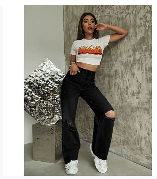 Retro Distressed Drop-waist Women's Loose Wide-leg Floor-length Pants