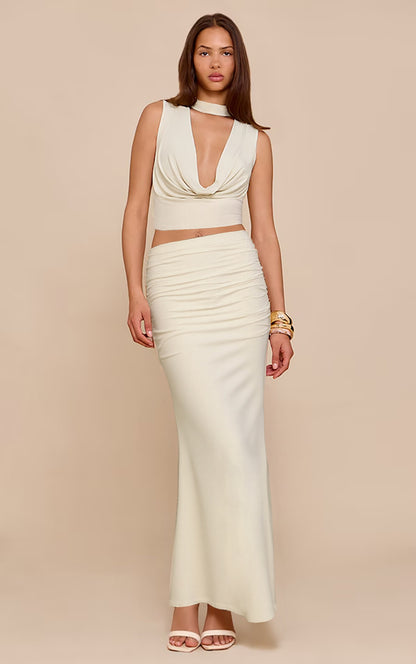 Sleeveless Stacked Neckline Women's Top With Fashionable Pleated Long Skirt Two-piece Set