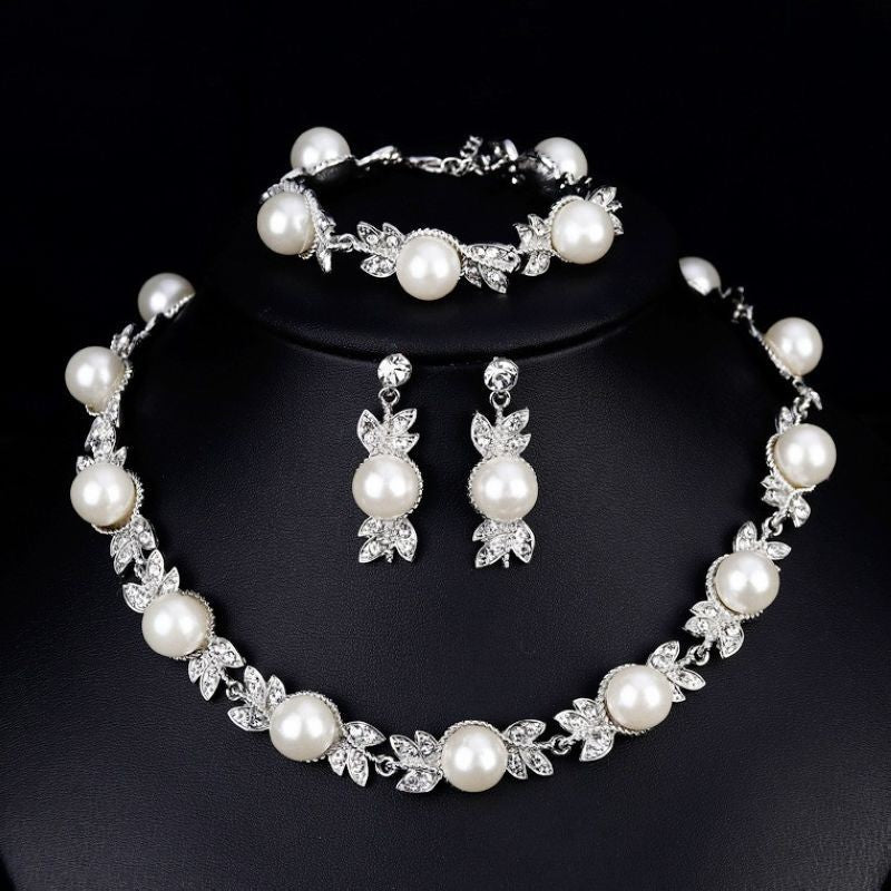 Simple And Elegant Three-piece Set Rhinestone And Pearl Necklace Earrings And Bracelet