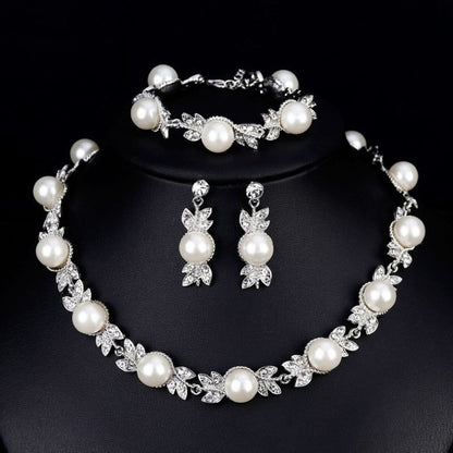 Simple And Elegant Three-piece Set Rhinestone And Pearl Necklace Earrings And Bracelet