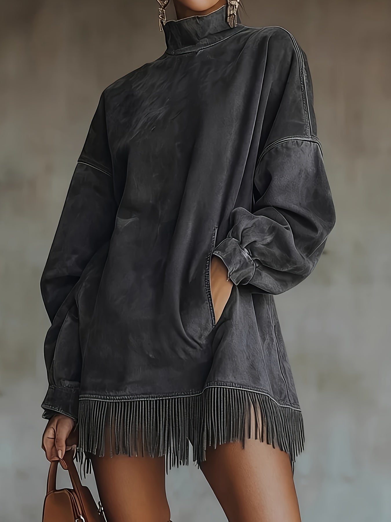 Loose Pocket Tassel Long-Sleeve Suede Dress