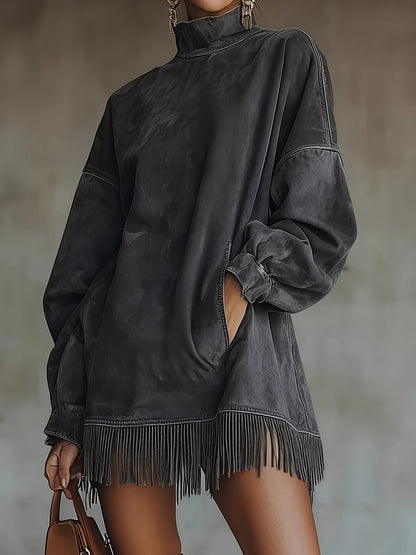 Loose Pocket Tassel Long-Sleeve Suede Dress