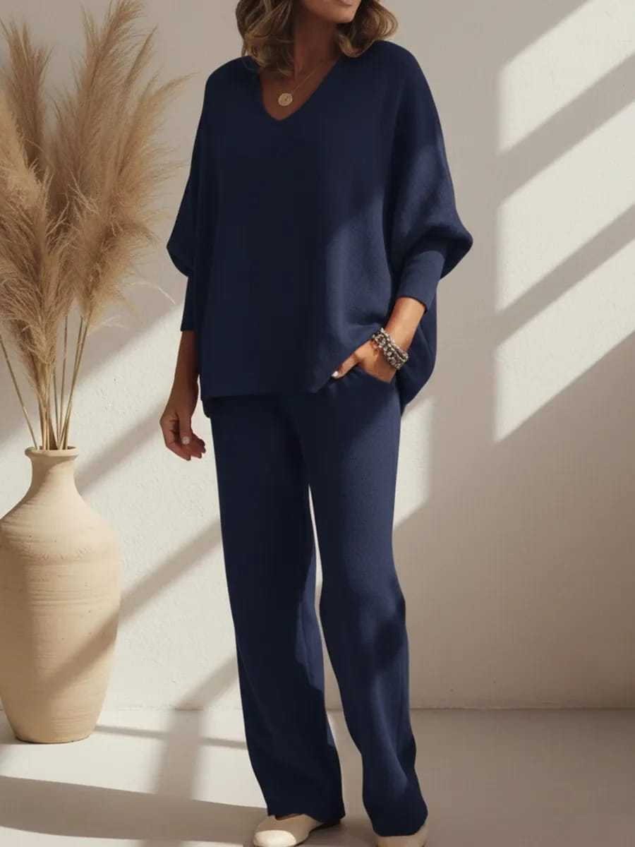 V-neck Long-sleeved Top Knitted Home Pants Suit 2-piece Set